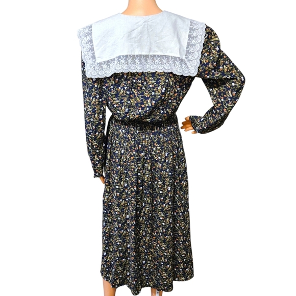 VTG 80s Karin Stevens Floral Midi Dress 8 Lace Collar Pocket Prairie Cottagecore - Picture 2 of 16